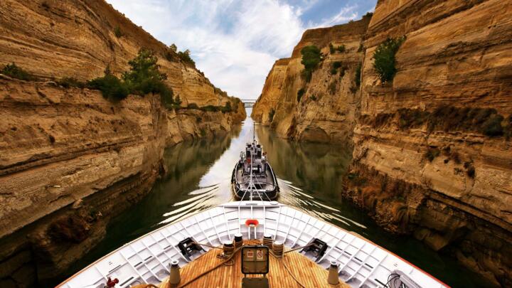 A spectacular site: the Corinth Canal lined by rock walls