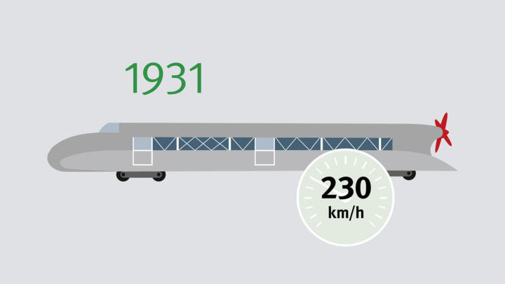Der bis heute einzigartige Schienenzeppelin fährt 1931 mit einem Zwölfzylinder-F ...